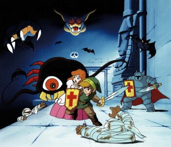  1980s_(style) 1boy 1girl armor bat_(animal) bead_necklace beads belt blue_eyes boots brown_hair brown_shoes claws darknut dress dungeon full_armor ganon gibdo gohma hat highres indoors jewelry keese knight link monster mummy necklace nintendo non-web_source official_art oldschool open_mouth pink_dress pointy_ears princess_zelda retro_artstyle scan serious shield shoes surrounded sword the_legend_of_zelda the_legend_of_zelda_(nes) tiara weapon 