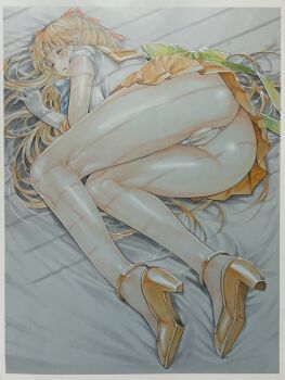  1girl absurdres aino_minako ass bed_sheet bishoujo_senshi_sailor_moon blonde_hair blue_neckerchief blush cameltoe circlet closed_eyes closed_mouth flower gloves hair_ribbon high_heels highres katsu_(24791909) legs long_hair lying marker_(medium) miniskirt neckerchief on_side orange_sailor_collar orange_skirt panties pleated_skirt red_ribbon ribbon sailor_collar sailor_venus shirt shoes skirt solo thighs traditional_media unconscious underwear upskirt white_gloves white_panties white_shirt yellow_flower  rating:Explicit score:58 user:danbooru