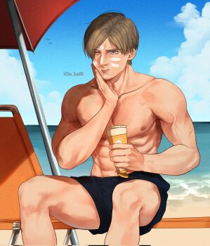 1boy abs applying_sunscreen beach black_male_swimwear blonde_hair blue_eyes chair che_sue00 closed_mouth cloud collarbone corrupted_twitter_file feet_out_of_frame highres holding holding_sunscreen leon_s._kennedy lounge_chair male_focus male_swimwear nipples ocean on_chair one_eye_closed outdoors parted_hair pectorals resident_evil sitting solo topless_male twitter_username veins veiny_arms water 