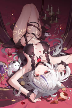  1girl absurdres animal_ear_fluff animal_ears armpits arms_up bare_shoulders barefoot black_bra black_panties bra breasts candle candlestand cat_ears chinese_commentary cleavage closed_mouth coin commentary_request commission cup drinking_glass flower food frills fruit grey_hair hair_spread_out highres indie_virtual_youtuber jewelry ji_guang_xian_yu knees_up large_breasts lingerie long_hair looking_at_viewer lying medium_breasts multicolored_hair navel on_back original panties petals purple_hair red_eyes rose sample_watermark smile solo stomach streaked_hair thighs underwear underwear_only upside-down very_long_hair virtual_youtuber watermark white_hair wine_glass wrist_cuffs 