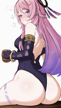 1girl ass ass_focus bare_shoulders black_leotard blue_eyes blush braid breasts citlali_(genshin_impact) drunk facial_mark feathers floating_headgear forehead_mark from_behind genshin_impact hair_ornament headgear highres huge_ass leotard long_hair looking_at_viewer mini2chainz pink_hair pink_pupils purple_feathers ring_hair_ornament sitting solo tankard thigh_marking triangle triangle_facial_mark very_long_hair white_background rating:Sensitive score:74 user:danbooru