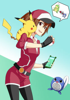 1girl :d aqua_background arrow_(symbol) baseball_cap belt black_belt black_gloves black_pantyhose blush_stickers brown_eyes brown_hair cellphone collarbone commentary cowboy_shot creature creature_on_shoulder crossover evolutionary_line female_protagonist_(pokemon_go) fingerless_gloves frog from_side gen_1_pokemon gen_2_pokemon gloves hair_between_eyes hand_up hat holding holding_phone holding_poke_ball jack-barro medium_hair misaka_mikoto nintendo official_alternate_hairstyle on_shoulder open_mouth pantyhose phone pikachu poke_ball pokemon pokemon_(creature) pokemon_go politoed poliwag ponytail power_connection smartphone smile species_connection speech_bubble spiral standing tadpole three-quarter_sleeves toaru_kagaku_no_railgun toaru_majutsu_no_index tongue