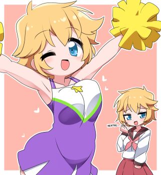  1girl :d blonde_hair blue_eyes blush breasts cheerleader commentary cowboy_shot dress highres large_breasts lets0020 looking_at_viewer lucky_star neckerchief one_eye_closed open_mouth patricia_martin pink_background pink_neckerchief pom_pom_(cheerleading) purple_dress red_sailor_collar red_skirt ryouou_school_uniform sailor_collar school_uniform serafuku shirt short_hair skirt smile two-tone_background white_shirt  rating:Sensitive score:12 user:danbooru