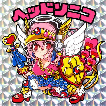  1girl angel_wings bikkuriman bikkuriman_(style) blush breasts closed_mouth hair_between_eyes headphones helmet highres large_breasts long_hair looking_at_viewer nitroplus parody pink_hair red_eyes red_sandals revision sandals solo style_parody super_sonico translated v-mag winged_helmet wings 