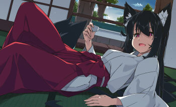  1girl animal_ear_fluff animal_ears black_hair commentary_request cup day hakama highres holding holding_cup indoors japanese_clothes kimono long_hair lying miko on_back open_mouth original purple_eyes red_hakama sakazuki shikei solo tail tatami tree white_kimono wolf_ears wolf_girl wolf_tail 