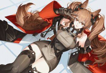  1girl :p absurdres alternate_breast_size_(larger) angelina_(arknights) animal_ear_fluff animal_ears arknights arknights:_endfield bare_shoulders belt black_gloves black_thighhighs breasts brown_hair cheong_seol commentary dot_nose dress dutch_angle elbow_gloves film_grain fox_ears fox_girl fox_tail gilberta_(arknights) gloves grey_dress hair_between_eyes hand_on_ground hand_up headpiece high_belt high_collar highres impossible_clothes impossible_dress large_breasts long_hair long_sleeves looking_at_viewer orange_eyes short_dress sleeveless sleeveless_dress solo tail thick_thighs thighhighs thighs tongue tongue_out twintails v v_over_eye wide_sleeves zettai_ryouiki 