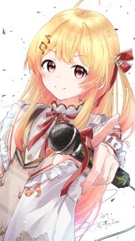  1girl absurdres ahoge blonde_hair brown_dress closed_mouth commentary dress fortissimo gradient_hair hair_ornament hair_ribbon highres holding holding_microphone hololive hololive_dev_is jacket long_hair looking_at_viewer microphone multicolored_hair musical_note musical_note_hair_ornament one_side_up otonose_kanade otonose_kanade_(1st_costume) pointy_ears red_eyes red_hair red_ribbon ribbon sidelocks smile solo u_da_desu very_long_hair virtual_youtuber white_background white_jacket 