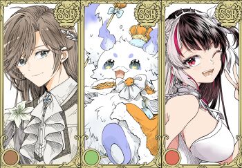  1boy 1girl absurdres ascot black_hair bow bowtie breasts brooch brown_hair cape card_(medium) card_parody chibikemo commentary_request corsage crown dress fake_facial_hair fake_mustache flower footstool fur-trimmed_cape fur_trim furry granblue_fantasy granblue_fantasy_(style) green_eyes grey_hair grey_hairband grey_sash hair_between_eyes hair_ornament hairband highres jacket jewelry kanae_(16th_costume)_(nijisanji) kanae_(nijisanji) large_breasts leaf_hair_ornament lily_(flower) long_hair looking_at_viewer lunlun_(king)_(nijisanji) lunlun_(nijisanji) makotosub1101 mini_crown mole mole_under_eye multicolored_hair nijisanji one_eye_closed orange_cape orange_crown red_eyes sash scepter shoulder_sash sideboob smile split-color_hair strapless strapless_dress streaked_hair two-tone_hair virtual_youtuber white_ascot white_bow white_bowtie white_flower white_lily yorumi_rena yorumi_rena_(8th_costume) 