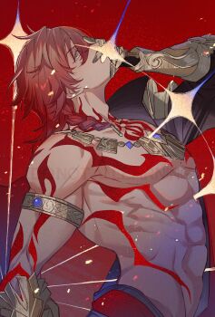  1boy absurdres adam's_apple arm_tattoo armor bara bracer braid cape chest_tattoo commentary_request cowboy_shot from_side gold_bracer hand_on_own_face head_back highres hitohachan honkai:_star_rail honkai_(series) jewelry male_focus medium_hair muscular muscular_male mydei_(honkai:_star_rail) necklace pectorals profile red_background red_hair red_tattoo side_braid side_cape single_braid solo tattoo topless_male 