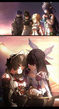  1boy 5girls absurdres ancient_egyptian_clothes antenna_hair antler_ornament antlers aqua_dress armlet automaton_(object) bare_shoulders black_coat black_collar black_sleeves blonde_hair blood blood_on_clothes blood_on_face blue_dress blue_trim claw_ring claws closed_eyes coat collar collared_capelet collared_coat columbina_(genshin_impact) crossed_bangs deer_antlers deer_girl dendro_symbol_(genshin_impact) detached_collar dress eye_tattoo feather_hair_ornament feathered_wings feathers flins_(genshin_impact) flower gem genshin_impact gold green_gem green_hair green_streaks hair_flower hair_ornament hair_over_one_eye hand_over_heart head_wings headdress headpiece highleg highleg_dress highres holding_hands holding_over_opposite_shoulder horns jewelry lauma_(genshin_impact) leaf_dress littleredhoodd lumine_(genshin_impact) mark_under_eye multicolored_flower multicolored_hair multiple_girls multiple_wings nefer_(genshin_impact) pointy_ears purple_streaks reindeer_girl romper sandrone_(genshin_impact) scarf short_hair_with_long_locks symbol-shaped_pupils tattoo tears triangle-shaped_pupils usekh_collar vision_(genshin_impact) white_dress white_flower white_headdress white_romper white_scarf white_wings winding_key wing_hair_ornament wings wrist_bow yellow_eyes 