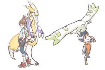 black_sclera brown_hair colored_sclera digimon digimon_(creature) digimon_tamers fox_tail furry hair_ornament hairpin lee_jianliang long_hair makino_ruki pixiv_3409201 ponytail purple_eyes renamon tail terriermon