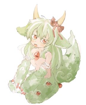  1girl alternate_costume animal_ears arm_ribbon bow breasts claws colored_eyelashes commentary_request dot_nose ex-keine extra_eyes fangs full_body green_tail hair_between_eyes highres horn_bow horn_ornament horns kamishirasawa_keine kneeling light_blush made_in_abyss miaoliang01075 monsterification open_mouth red_bow red_eyes ribbon sharp_teeth sidelocks simple_background skin_fangs small_breasts solo surprised tail teeth topless_female torn_bow touhou upper_teeth_only white_background white_ribbon yellow_horns 