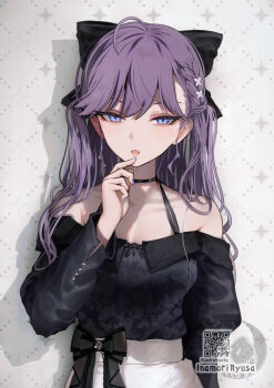  1girl ahoge alternate_hairstyle arm_at_side artist_name bare_shoulders black_bow black_choker black_shirt blue_eyes blue_nails bow braid breasts butterfly_hair_ornament choker collarbone commentary_request drop_shadow ear_piercing fang floral_print gakuen_idolmaster hair_between_eyes hair_bow hair_ornament halterneck hand_on_own_chin hand_up high-waist_skirt highres idolmaster inamori_ryusa kaya_rinha long_hair long_sleeves looking_at_viewer medium_breasts nail_polish off-shoulder_shirt off_shoulder parted_lips piercing purple_hair qr_code shirt shirt_tucked_in sidelocks simple_background skirt skirt_bow solo straight-on swept_bangs tsurime upper_body watermark white_skirt 