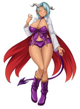  1girl amelia_(magisphere) blue_hair blush boots breasts bustier calpish cape chain cleavage closed_eyes collar dark-skinned_female dark_skin demon_girl demon_horns demon_tail earrings full_body game_cg highres horns jewelry large_breasts large_variant_set long_sleeves mahou_reiki_magisphere navel non-web_source official_art parted_lips pointy_ears purple_shorts self-datamine shiny_skin short_hair short_shorts shorts simple_background smile solo tachi-e tail thigh_gap transparent_background variant_set 