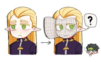 2boys ? alien alleixy black_hair blonde_hair colored_eyelashes commentary diamond_wa_kudakenai ear_chain face_piercing gakuran green_eyes hazekura_mikitaka headband heaven's_door highres jojo_no_kimyou_na_bouken kishibe_rohan linked_piercing long_hair multiple_boys nose_piercing open_mouth piercing pointy_ears ringed_eyes school_uniform smile spoken_question_mark stand_(jojo) untranslatable_commentary