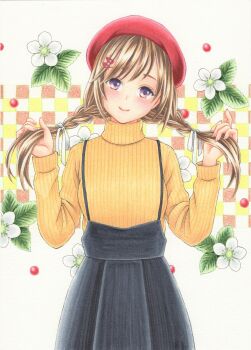  1girl absurdres beret black_skirt braid braided_twintails brown_hair checkered_background choppy_bangs closed_mouth commentary cowboy_shot floral_background flower hair_ribbon hands_up hat highres holding holding_own_hair long_sleeves looking_at_viewer marker_(medium) midori_(mira567) original purple_eyes red_hat ribbed_sweater ribbon skirt smile solo standing straight-on suspender_skirt suspenders sweater traditional_media turtleneck turtleneck_sweater white_background white_flower white_ribbon yellow_sweater 