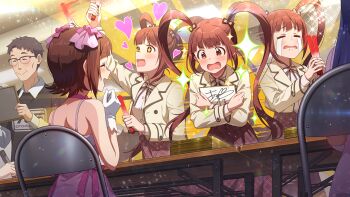  amami_haruka blue_hair brown_hair ceiling_light chair clone closed_eyes crying english_text game_cg glasses gloves glowstick heart holding idolmaster idolmaster_million_live! idolmaster_million_live!_theater_days jacket long_skirt matsuda_arisa official_art open_mouth paper red_eyes red_hair skirt sparkling_eyes table twintails writing 