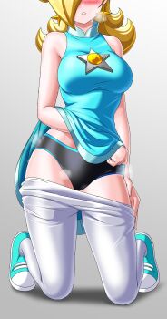  1girl absurdres blonde_hair blush earrings heavy_breathing highres irohazakayouth jewelry mario_(series) mario_tennis nintendo pants rosalina shirt shoes underwear 
