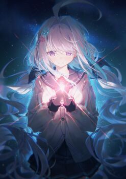  1girl absurdres ahoge backlighting black_sailor_collar bow breasts character_request check_character chinese_commentary commentary_request floating_hair grey_hair hair_bow hair_intakes hair_ornament hands_up highres holding holding_star lens_flare long_hair long_sleeves looking_at_object night original own_hands_together pleated_skirt purple_eyes ratto_(ratto_channel) sailor_collar sailor_shirt school_uniform shirt skirt sky small_breasts smile solo space star_(sky) star_(symbol) star_hair_ornament starry_sky very_long_hair white_hair white_shirt 