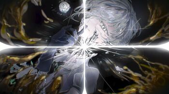  1other androgynous antarcticite black_gloves collared_shirt colored_eyelashes commentary_request crystal_shards decapitation dying eyeball finger_to_mouth gem_uniform_(houseki_no_kuni) gloves high_collar houseki_no_kuni kashiba_(iiiiii_kasba) light_rays light_smile molten_metal other_focus scene_reference shirt short_hair shushing simple_background stitched third-party_edit white_eyelashes white_eyes white_hair white_shirt 