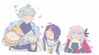  1boy 1girl 1other ahoge amulet arm_guards belt belt_buckle black_belt black_bodysuit black_hair blue_eyes bodysuit bowl bracelet braid buckle cape cloak closed_eyes covered_abs eating fate/grand_order fate_(series) feather_hair_ornament feathers food food_on_face grey_hair hair_intakes hair_ornament hair_over_shoulder holding holding_bowl jacket jewelry large_pectorals muscular necklace oneroom-disco onigiri open_mouth orange_eyes pectorals percival_(fate) red_cape red_cloak rice rice_on_face saika_magoichi_(fate) shamoji sidelocks single_braid smile sparkle white_background white_hair white_jacket yamato_takeru_(fate) 