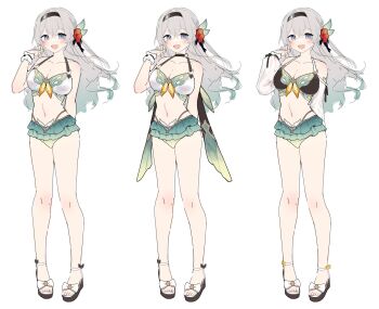  bikini black_bikini breasts cleavage commentary firefly_(honkai:_star_rail) grey_hair hair_ornament hairclip highres honkai:_star_rail honkai_(series) large_breasts looking_at_viewer navel open_mouth sandals shrimp_cake simple_background smile swimsuit toes untranslatable_commentary white_background white_bikini 