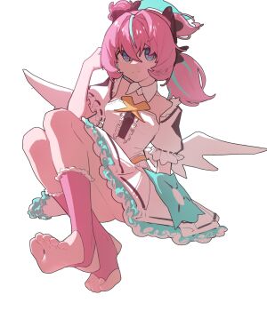  1girl aqua_streaks aria_(zenless_zone_zero) blue_eyes bridal_legwear commentary_request crossed_bangs detached_collar dress feet full_body green_halo hair_between_eyes halo highres knees_together_feet_apart knees_up looking_at_viewer mobanche255 multicolored_hair no_shoes pink_hair pink_socks puffy_short_sleeves puffy_sleeves short_sleeves sitting smile socks soles solo star-shaped_pupils star_(symbol) stirrup_legwear streaked_hair symbol-shaped_pupils toeless_legwear toes white_dress white_wings wings zenless_zone_zero 