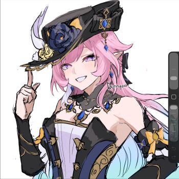  1girl bare_shoulders black_hat bunnyoki commentary cosplay cyrene_(honkai:_star_rail) detached_sleeves english_commentary genshin_impact grin hat highres honkai:_star_rail honkai_(series) long_hair mihoyo navia_(genshin_impact) navia_(genshin_impact)_(cosplay) pink_hair purple_eyes simple_background smile solo unfinished upper_body white_background 