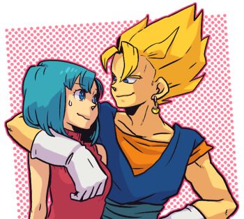  1990s_(style) 1boy 1girl blonde_hair blue_eyes blue_hair bulma dragon_ball dragon_ball_gt dramatica earrings gloves jewelry polka_dot super_saiyan super_saiyan_1 sweat turtleneck vegetto  rating:Sensitive score:27 user:danbooru
