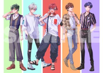  5boys :d ;) ahoge alternate_costume antenna_hair aqua_background arm_at_side bangle belt belt_buckle bespectacled black_overalls black_pants black_sandals black_shirt blue_eyes blue_sweater_vest blush bracelet breast_pocket brown-framed_eyewear brown_belt brown_hair brown_jacket brown_shoes brown_socks buckle closed_mouth coe._(starlight_polaris) collar_tug collarbone collared_shirt column_lineup_background crew_neck cross-laced_shoes crossed_bangs denim earrings eyewear_hang finger_to_mouth flower full_body glasses green_background green_eyes green_hair grey_hair grey_pants grin hair_between_eyes hair_flower hair_ornament hairclip half_updo hand_in_pocket hand_on_headphones hand_on_own_face hand_up hands_in_pockets headphones headphones_around_neck high_tops highres index_finger_raised jacket jeans jewelry kisaragi_you_(starlight_polaris) kottaro_(starlight_polaris) kuni_(starlight_polaris) layered_sleeves lineup long_sleeves looking_at_viewer luka_ooooo male_focus monk_shoes multicolored_hair multiple_boys no_shoes official_art one_eye_closed one_side_up open_collar open_mouth orange_background outstretched_arm overalls pants pendant pink_hair plaid_clothes plaid_jacket pocket puffy_pants purple_background purple_eyes purple_hair puzzle_piece red_background red_belt red_hair relu_(starlight_polaris) sample_watermark sandals shirt shirt_tucked_in shoes short_hair short_sleeves smile sneakers socks standing standing_on_one_leg starlight_polaris streaked_hair striped_clothes striped_shirt striped_sweater_vest stud_earrings sunglasses suspenders_hanging sweater_vest swept_bangs t-shirt three-quarter_sleeves torn_clothes torn_pants undershirt untucked_shirt unworn_eyewear utaite vertical-striped_clothes vertical-striped_shirt wallet_chain watch watermark white_flower white_shirt white_shoes wing_collar wristwatch yellow_eyes yellow_jacket 