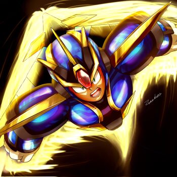  1boy android armor artist_name black_background blue_armor blue_helmet chest_jewel clenched_hands commentary_request forehead_jewel full_body gloves green_eyes helmet highres jet_boots jewelry male_focus mechanical_wings mega_man_(series) mega_man_x_(series) open_mouth reaching reaching_towards_viewer shoulder_armor signature simple_background solo spanish_commentary teeth ultimate_armor_x_(mega_man) white_gloves wings x_(mega_man) znivans 