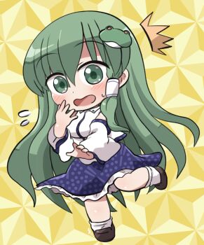  1girl ^^^ bare_shoulders blue_skirt blush breasts brown_shoes chibi chibi_only collared_shirt commentary_request detached_sleeves dot_nose flying_sweatdrops frilled_skirt frills frog_hair_ornament full_body green_hair hair_between_eyes hair_ornament hair_tubes hand_up highres kochiya_sanae long_hair long_sleeves looking_at_viewer open_mouth polka_dot polka_dot_skirt rokugou_daisuke shirt shoes signature single_hair_tube single_sidelock skirt sleeveless sleeveless_shirt socks solo standing standing_on_one_leg sweatdrop touhou white_shirt white_socks wide_sleeves yellow_background 