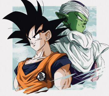  2boys araaaa453 black_eyes black_hair blue_shirt border colored_skin commentary dougi dragon_ball dragon_ball_(classic) dragonball_z green_skin grey_border highres male_focus medium_hair multiple_boys muscular muscular_male orange_shirt piccolo pointy_ears shirt son_goku spiked_hair upper_body 