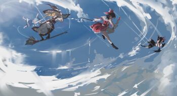  4girls absurdres between_fingers bird_wings black_boots black_skirt black_wings bloomers blue_bow blue_dress blue_hair blue_sky boots bow broom broom_surfing brown_boots brown_hair cirno cloud commentary_request day detached_sleeves detached_wings dress frilled_bow frilled_hair_tubes frilled_skirt frills full_body gohei hair_bow hair_tubes hakurei_reimu hat highres holding holding_gohei holding_ofuda ice ice_wings kirisame_marisa long_hair multiple_girls ofuda ofuda_between_fingers outdoors pinafore_dress pom_pom_(clothes) red_bow red_hat red_skirt ribbon-trimmed_sleeves ribbon_trim shameimaru_aya shirt skirt skirt_set sky sleeveless sleeveless_dress socks taking_picture tokin_hat touhou underwear white_bloomers white_shirt white_socks wings yautja 