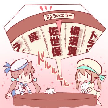  10s 2girls :3 :d batsubyou blue_skirt brown_hair cat closed_mouth error_musume girl_holding_a_cat_(kancolle) green_ribbon hair_ribbon hat kantai_collection kneeling_girl_(kancolle) long_sleeves multiple_girls open_mouth oyatsu_(jzs_137) oyatsu_(mk2) ribbon short_hair skirt smile twintails |_| 