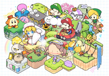  ! ?_block absurdres baby_luigi baby_mario black_eyes blonde_hair blue_eyes brown_hair cherry_blossoms commentary company_connection crossover ditto english_commentary gen_1_pokemon highres isabelle_(animal_crossing) kirby link luigi mario nintendo pikmin_(creature) roy_(pixiv992911) tree_stump water waterfall 