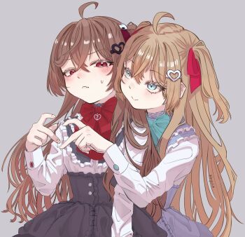  2girls ahoge ascot black_corset black_skirt blue_bow blue_bowtie blue_eyes bow bowtie broken_heart broken_heart_hair_ornament brown_hair closed_mouth corset evil_neuro-sama fang fishure four-finger_heart_hands frilled_shirt frills from_side hair_between_eyes hair_ornament hair_ribbon hashtag-only_commentary heart heart_hair_ornament heart_hands highres light_blush long_hair long_sleeves multiple_girls neuro-sama red_ascot red_bow red_bowtie red_eyes red_ribbon ribbon shirt siblings sisters skin_fang skirt skull_hair_ornament twins two_side_up upper_body vedal_ai virtual_youtuber white_shirt 