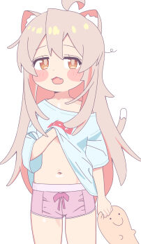  1girl absurdres achat ahoge animal_ears blush_stickers boyshort_panties brown_eyes cat_ears cat_girl cat_tail clothes_lift collarbone colored_inner_hair commentary cowboy_shot fang grey_hair highres holding holding_stuffed_toy kemonomimi_mode lifting_own_clothes long_hair looking_at_viewer messy_hair multicolored_hair navel onii-chan_wa_oshimai! open_mouth oyama_mahiro panties pink_hair pink_panties shirt shirt_lift simple_background single_bare_shoulder single_off_shoulder solo stomach stuffed_animal stuffed_toy tail two-tone_hair underwear very_long_hair white_background white_shirt 