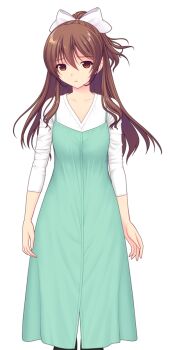  1girl bow brown_eyes brown_hair casual collarbone dress empty_eyes game_cg green_dress hair_between_eyes hair_bow kourin_tenshi_en_ciel_rena large_variant_set long_hair long_sleeves looking_at_viewer non-web_source official_art pantyhose parted_lips ponytail saitou_natsuki self-datamine shirt solo standing suhamaya tachi-e tomoe_rena transparent_background variant_set white_bow white_shirt 