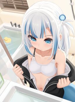  1girl absurdres bathtub blue_eyes blue_hair bra breasts commentary english_commentary fins fish_tail gawr_gura highres hololive hololive_english multicolored_hair rubber_duck shark_tail small_breasts solo streaked_hair tail tenroy underwear virtual_youtuber white_bra  rating:Sensitive score:7 user:danbooru