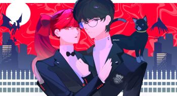  1boy 1girl 1other absurdres amamiya_ren artist_name black_hair black_jacket cat cityscape commentary glasses highres jacket long_hair morgana_(cat)_(persona_5) morgana_(persona_5) persona persona_5 persona_5_the_royal ponytail purple_eyes red_eyes red_hair red_sky sabeeer54_(sabrexyz) school_uniform shirt short_hair shuujin_academy_school_uniform sky tuxedo_cat white_shirt yoshizawa_kasumi 