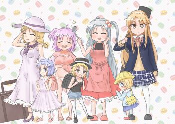  absurdres alice-magatoro alice_margatroid alice_margatroid_(pc-98) apron backpack bag black_tank_top blonde_hair blue_eyes blue_hair blush dress flip-flops food grey_hair hair_bobbles hair_ornament hat highres jacket kindergarten_bag kindergarten_uniform long_hair louise_(touhou) macaron mai_(touhou) mystic_square neckerchief one_side_up panties pantyhose patterned_background pink_hair pleated_skirt randoseru red_bag red_skirt ribbon sandals sara_(touhou) school_hat school_uniform shinki_(touhou) shirt short_hair shorts side_ponytail skirt smile tank_top thighhighs touhou touhou_(pc-98) underwear very_long_hair white_panties yellow_eyes yellow_hat yuki_(touhou) yumeko_(touhou) 