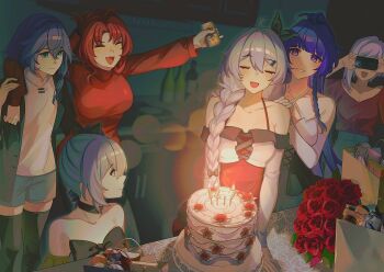  6+girls ahoge alcohol beer beer_can birthday_cake black_dress black_gloves black_hair black_thighhighs blue_eyes blue_shorts bouquet braid breasts bronya_zaychik bronya_zaychik_(black_nucleus) bronya_zaychik_(fleurs_du_mal) cake camera can candle cecilia_schariac closed_eyes commentary dress drink_can elbow_gloves english_commentary fang flower food fu_hua gloves green_jacket grey_hair holding holding_camera holding_can honkai_(series) honkai_impact_3rd indoors jacket kiana_kaslana large_breasts multiple_girls murata_himeko open_mouth pinky_out purple_eyes purple_hair raiden_mei red_flower red_hair red_rose red_sweater rose shorts skin_fang smile sweater tana_(tanabio) thighhighs twin_braids white_dress white_gloves white_hair white_sweater 