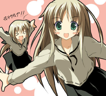 >_< 00s 2girls :d blush_stickers brown_hair closed_eyes futakoi futakoi_alternative green_eyes kantoku long_hair long_sleeves multiple_girls open_mouth shirogane_sara shirogane_souju siblings sisters skirt smile twins rating:Sensitive score:1 user:danbooru