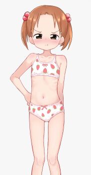  1girl absurdres angry blush bow bow_bra bow_panties bra brown_eyes brown_hair collarbone crotch_seam flat_chest food_print fruit_print hair_bobbles hair_ornament hand_on_own_hip highres ichigo_mashimaro loli looking_at_viewer matsuoka_miu navel panties pepzi pink_bow pout print_bra print_panties short_hair simple_background solo standing strawberry_panties strawberry_print twintails underwear underwear_only white_background white_bra white_panties 