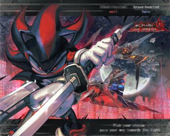  absurdres black_doom commentary cracked_screen crossed_arms english_text gerald_robotnik gloves gun hedgehog_boy highres holding holding_gun holding_sword holding_weapon katana kornart maria_robotnik multicolored_fur red_eyes shadow_the_hedgehog shadow_the_hedgehog_(game) sonic_(series) sword weapon white_gloves 