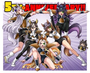  1st_form_frieza 6+girls :p ahoge animal_ears arm_up armor arms_up ass black_hair blue_eyes blush boots breasts brown_hair burter burter_(cosplay) captain_ginyu captain_ginyu_(cosplay) chain commentary_request cosplay dragon_ball dragon_ball_(object) dragonball_z dream_journey_(umamusume) ear_covers ears_through_headwear english_text fenomeno_(umamusume) flipped_hair frieza frieza's_hoverpod frieza_(cosplay) full_body ginyu_force ginyu_force_pose glasses gloves gold_ship_(umamusume) group_pose guldo guldo_(cosplay) hat highres horse_ears horse_girl horse_tail jeice jeice_(cosplay) long_hair looking_at_viewer miru_(mill_36) multicolored_hair multiple_girls nakayama_festa_(umamusume) on_one_knee open_mouth orange_hair orfevre_(umamusume) parody peaked_cap pose_imitation purple_eyes purple_hair recoome recoome_(cosplay) red_eyes saiyan_armor shoulder_armor single_ear_cover standing standing_on_one_leg stay_gold_(umamusume) stay_gold_clan_(umamusume) tail tongue tongue_out two-tone_hair umamusume very_long_hair white_hair wrist_guards 