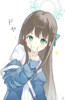 1girl absurdres airi_(band)_(blue_archive) airi_(blue_archive) blue_archive blue_coat blush brown_hair coat coat_partially_removed doyagao half_updo halo highres long_hair looking_at_viewer official_alternate_costume pleated_skirt shirt skirt smile smug solo sparkle tachibana_shiori_(suica_112) v v_over_mouth very_long_hair white_shirt white_skirt rating:General score:8 user:danbooru