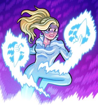  1girl abstract_background blonde_hair bodysuit crescent crescent_facial_mark crescent_ornament dagger dagger_(marvel) dan_hipp dynamic_pose earrings energy_beam energy_sword energy_weapon facial_mark game_cg game_screenshot holding holding_dagger holding_knife holding_weapon jewelry knife long_hair marvel marvel_snap moon_tattoo official_art purple_background solo spider-man_(series) superhero_costume sword tattoo toon_(style) weapon white_bodysuit 