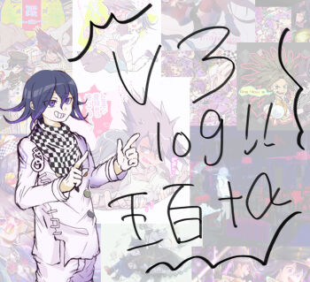  1boy belt black_scarf buttons chain checkered_clothes checkered_scarf commentary_request cowboy_shot danganronpa:_trigger_happy_havoc danganronpa_(series) danganronpa_v3:_killing_harmony delidelidelic double-breasted double_finger_gun eyes_visible_through_hair finger_gun grin hagakure_yasuhiro hair_between_eyes jacket long_sleeves male_focus momota_kaito multicolored_buttons multicolored_hair oma_kokichi pants purple_eyes purple_hair scarf short_hair smile standing streaked_hair thigh_belt thigh_strap translation_request two-tone_scarf white_belt white_jacket white_pants white_scarf wrist_belt yaoi 